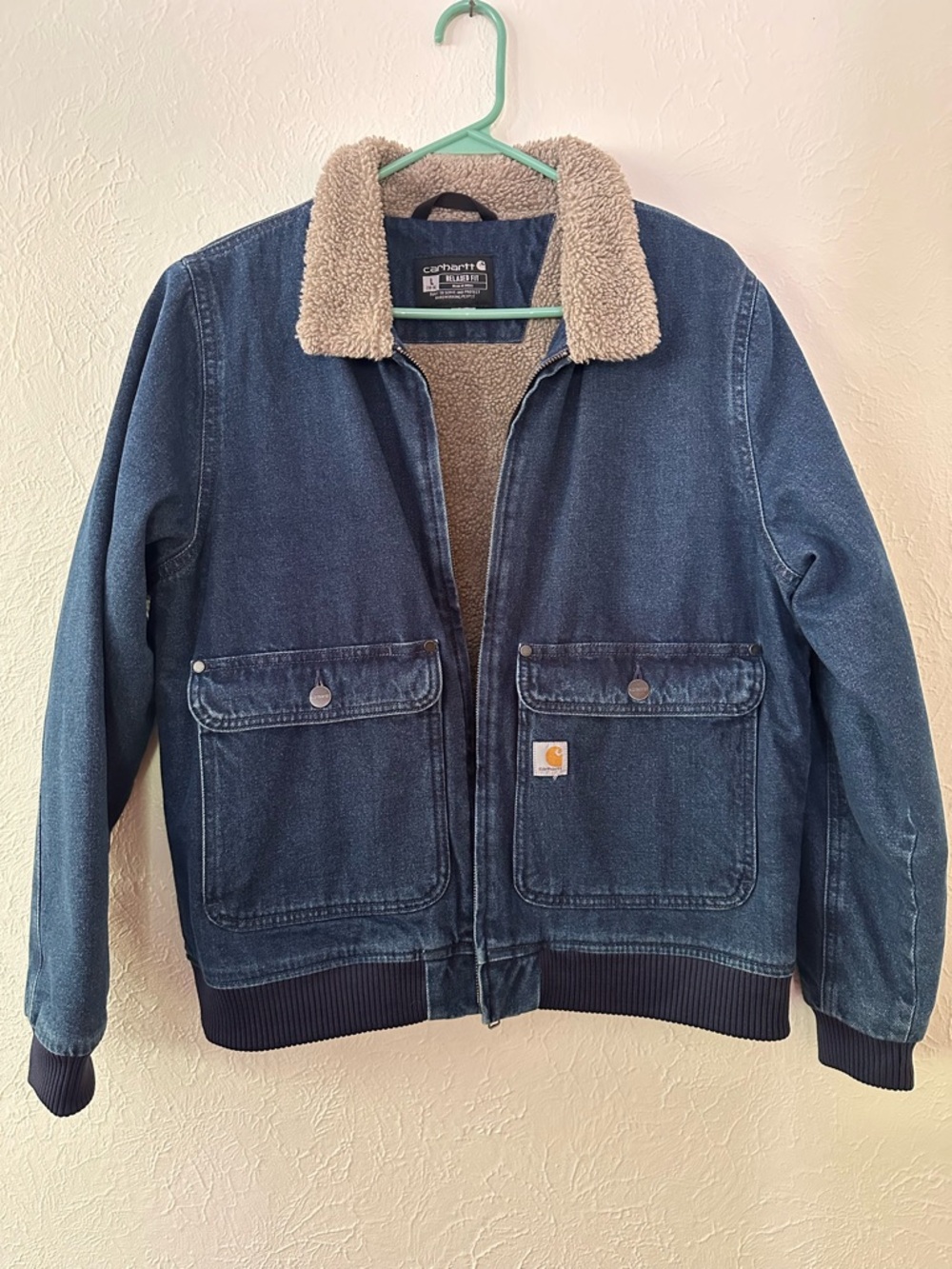 Carhartt Denim Jacket with Cream Sherpa Lining and Black Label